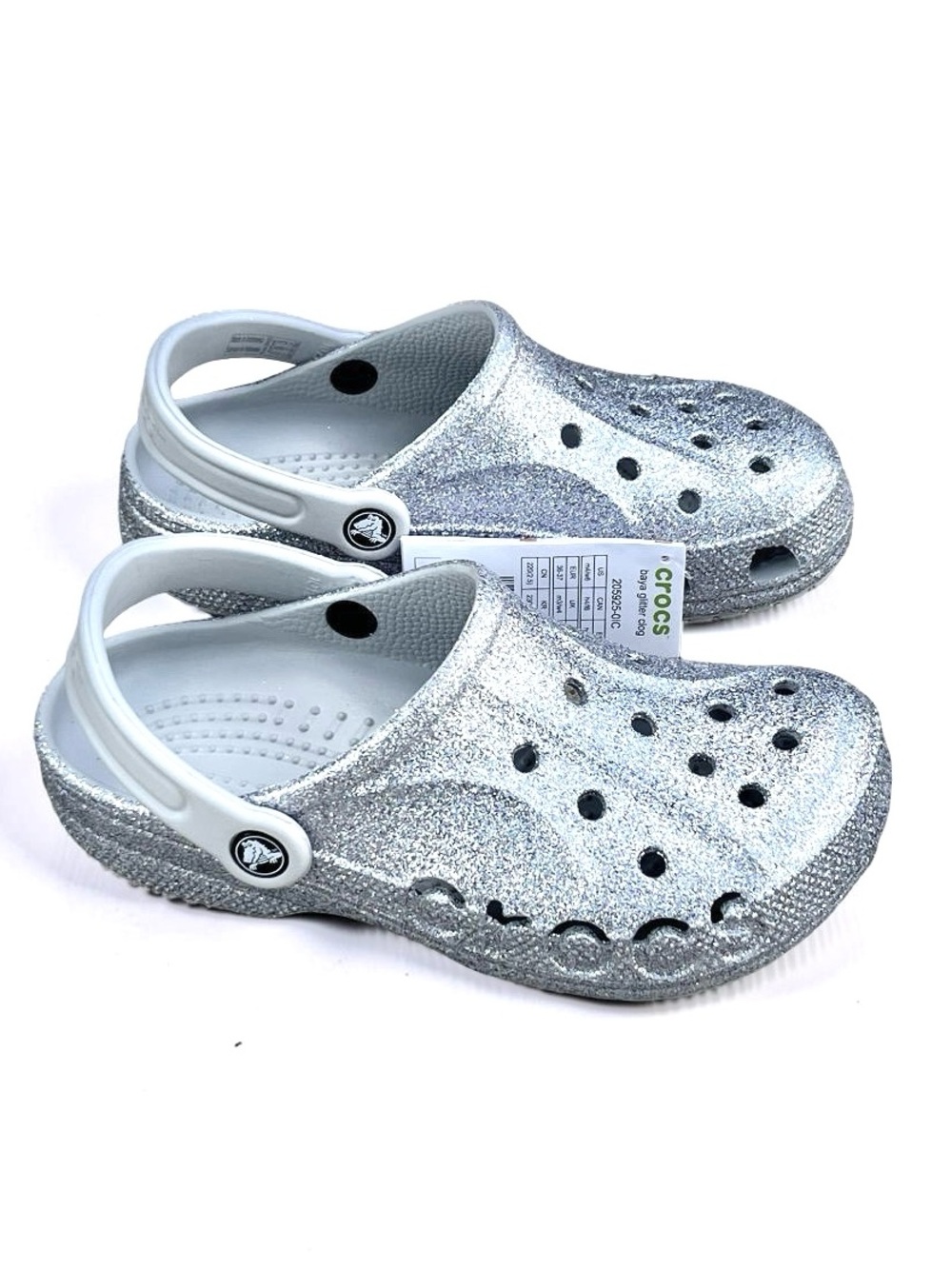 Crocs Baya Silver Glitter Sparkle Clogs Women’s Size 6 Comfort Slip On Shoes